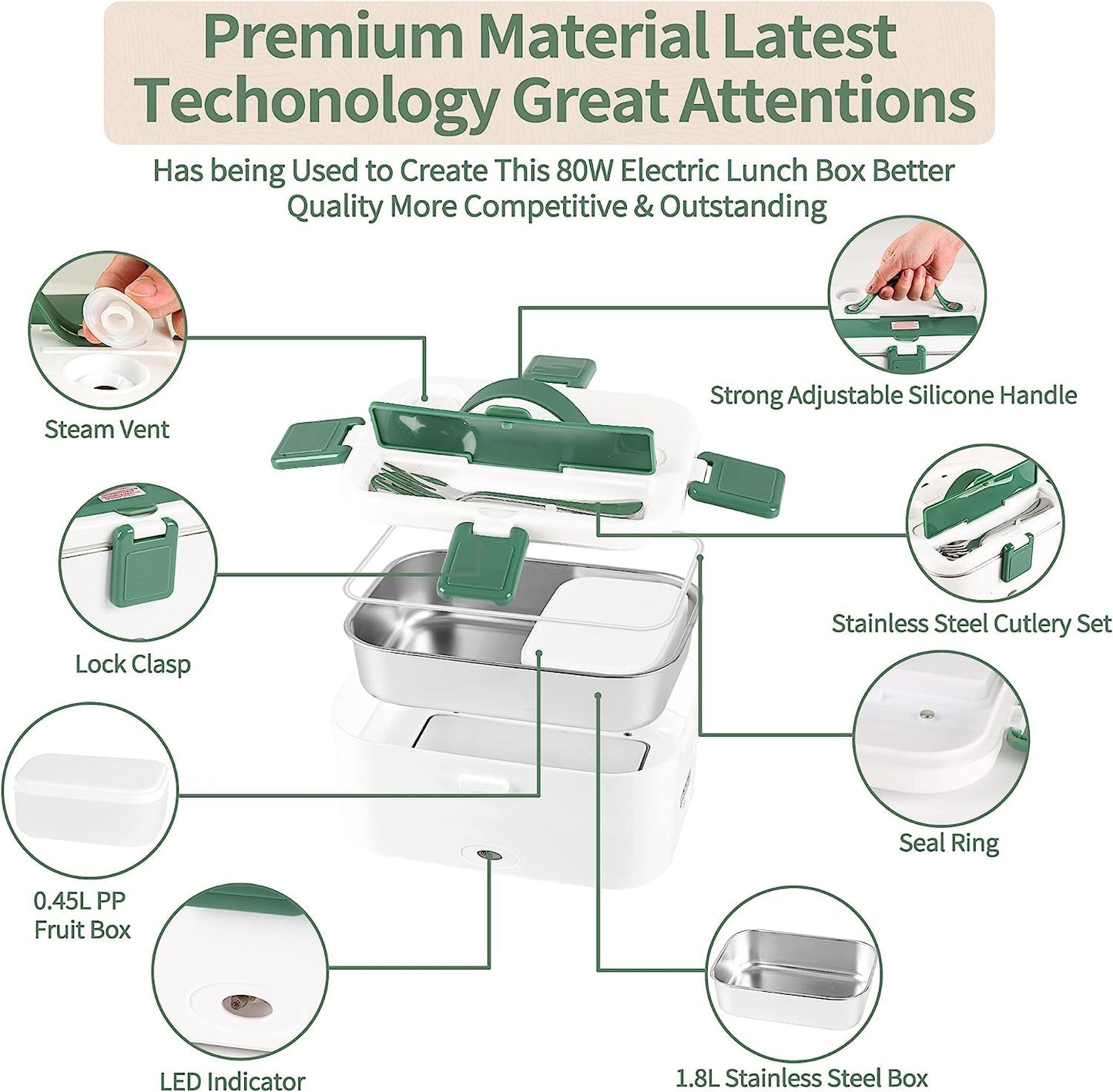 Fiambrera eléctrica de 80 W, calentador de comida rápida portátil