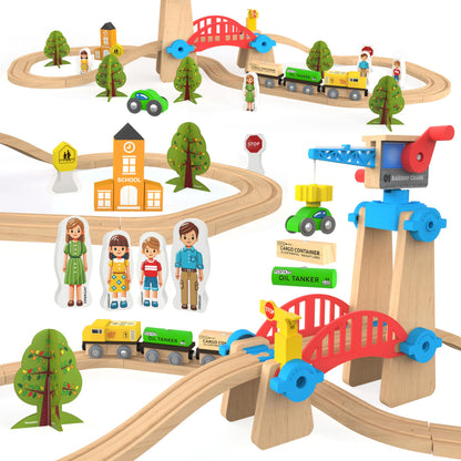 Conjunto de tren de madera de 65 piezas