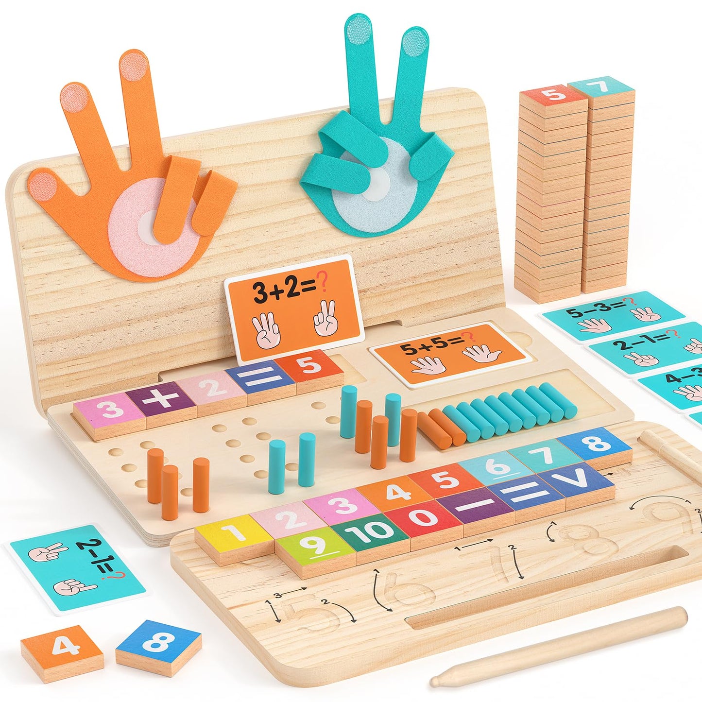 Montessori - Juguete de aprendizaje de matemáticas – Bloques de números, palos de conteo, tabla de trazado y conteo de dedos