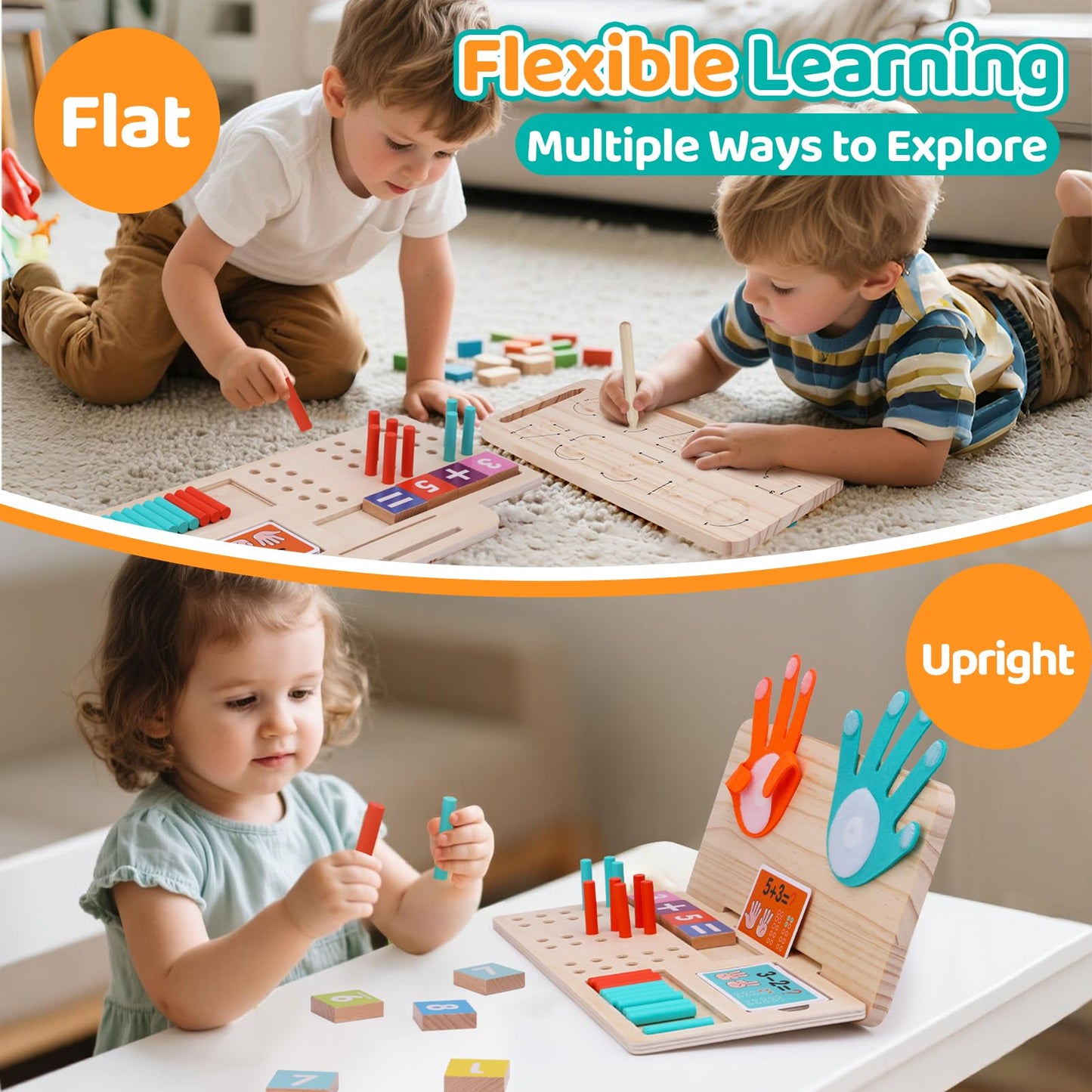 Montessori - Juguete de aprendizaje de matemáticas – Bloques de números, palos de conteo, tabla de trazado y conteo de dedos