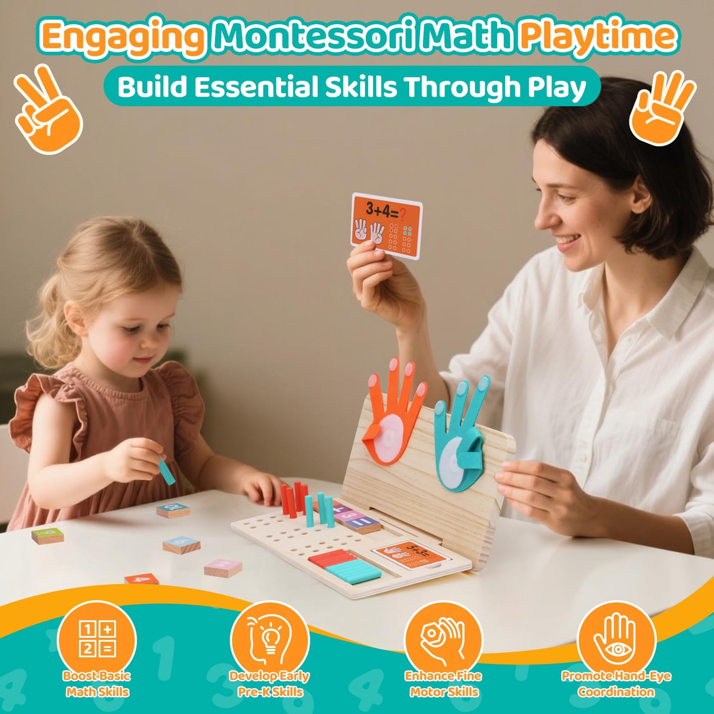 Montessori - Juguete de aprendizaje de matemáticas – Bloques de números, palos de conteo, tabla de trazado y conteo de dedos