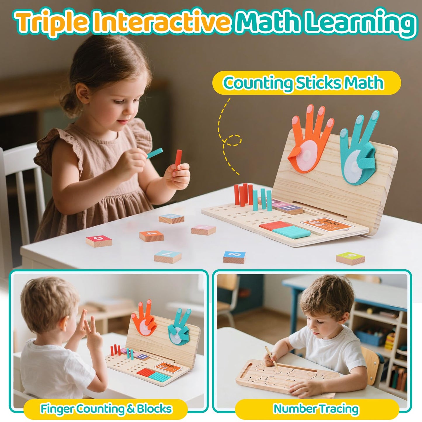 Montessori - Juguete de aprendizaje de matemáticas – Bloques de números, palos de conteo, tabla de trazado y conteo de dedos