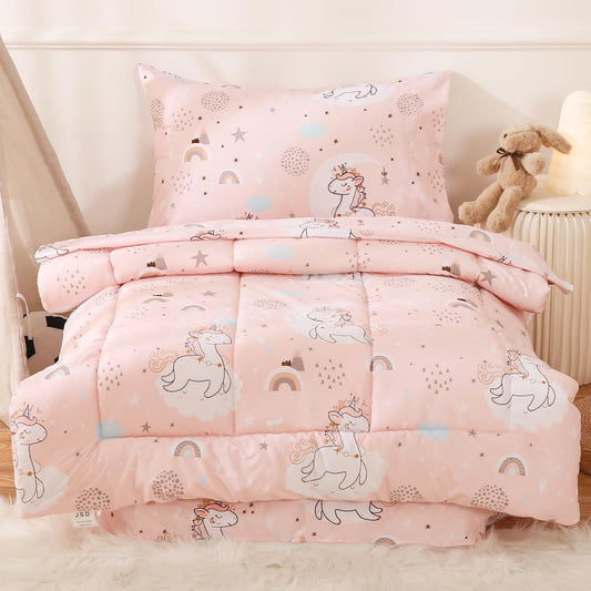Juego de ropa de cama infantil de unicornio rosa, 4 piezas
