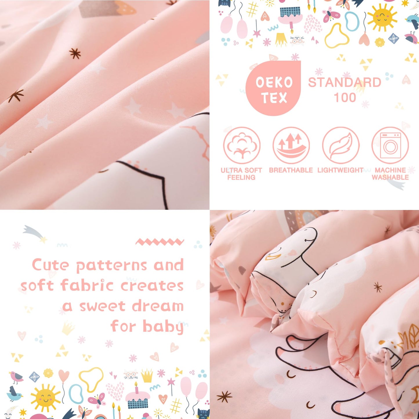 Juego de ropa de cama infantil de unicornio rosa, 4 piezas