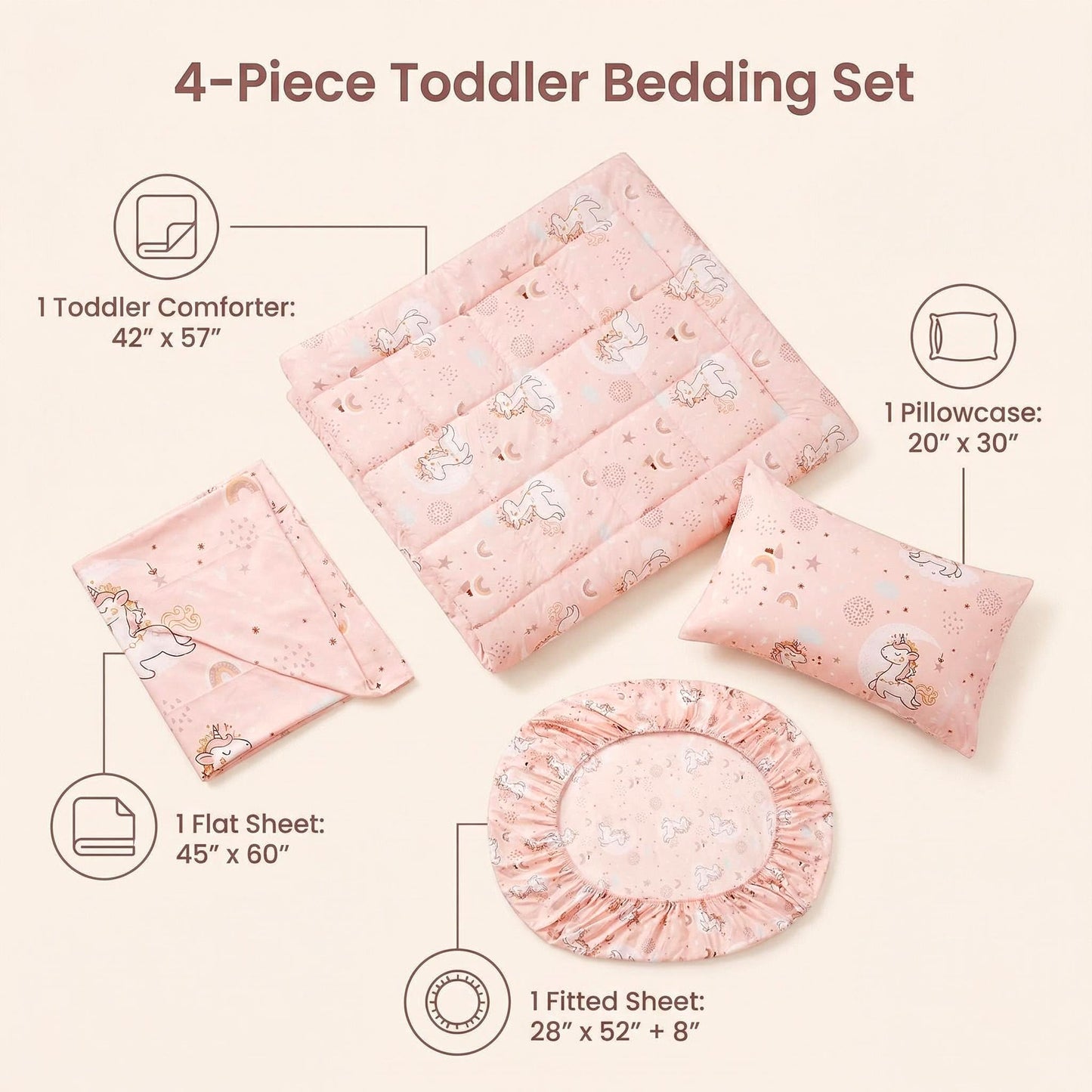 Juego de ropa de cama infantil de unicornio rosa, 4 piezas