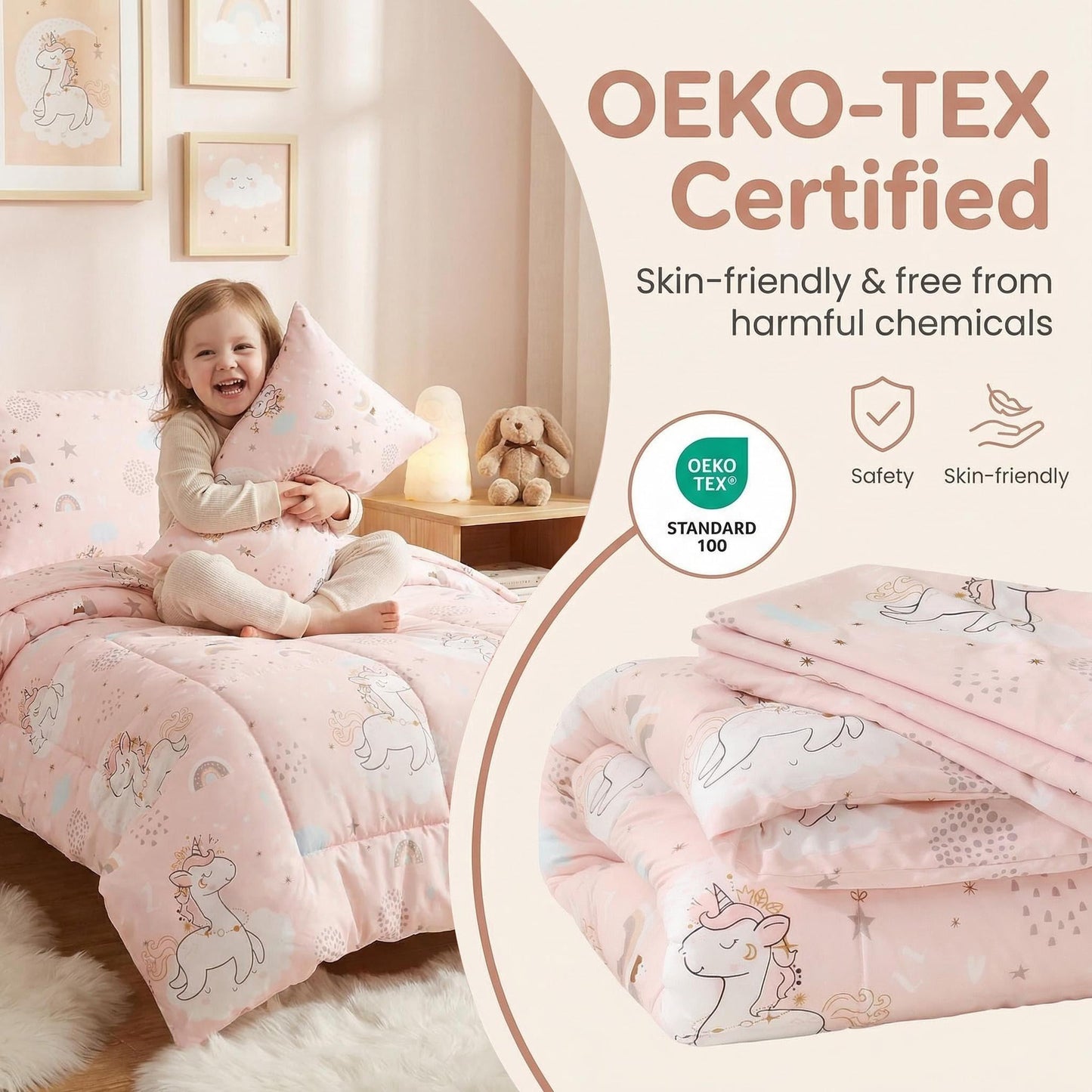 Juego de ropa de cama infantil de unicornio rosa, 4 piezas