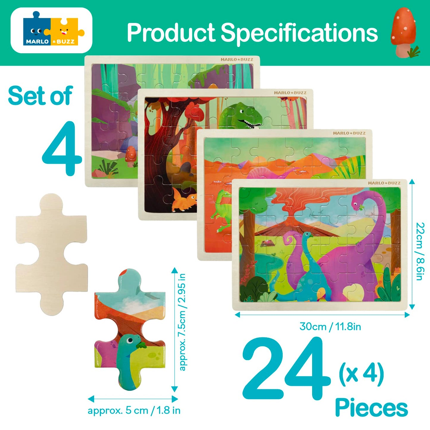 Juego de 4 rompecabezas de madera de dinosaurio para niños