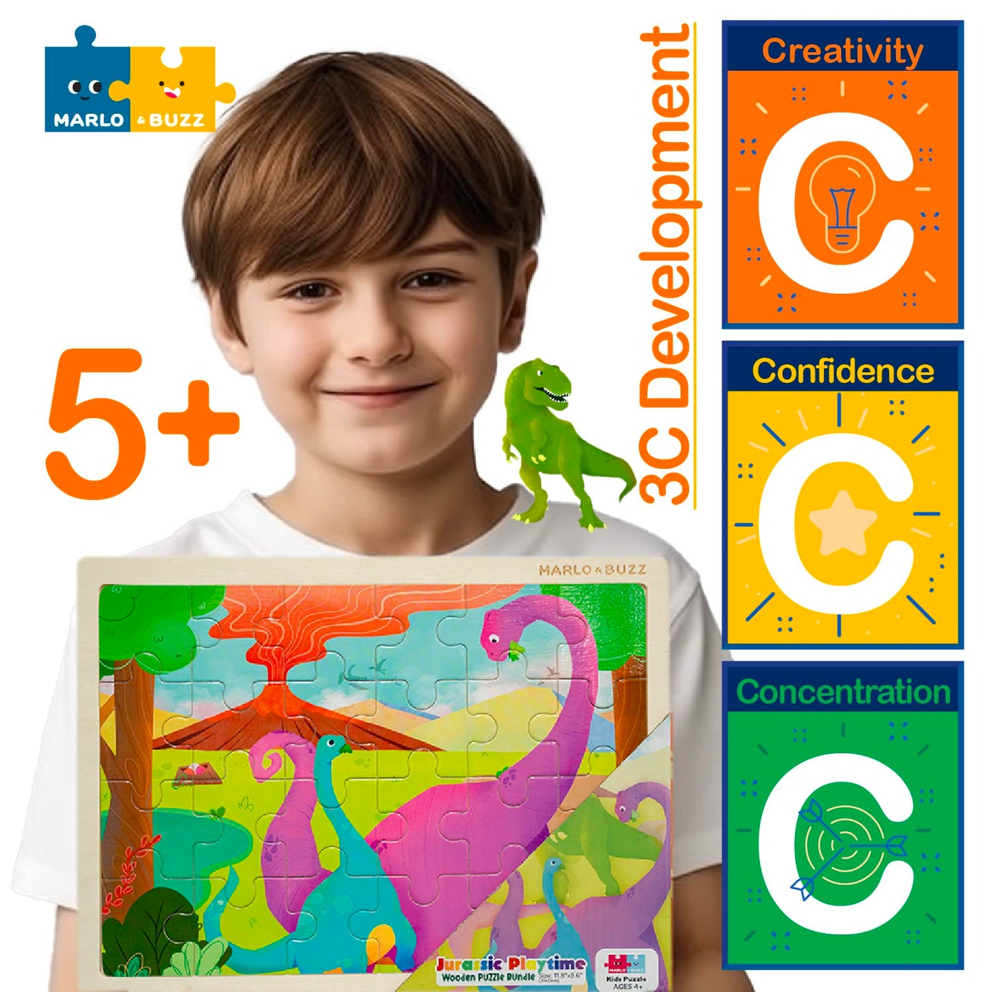 Juego de 4 rompecabezas de madera de dinosaurio para niños