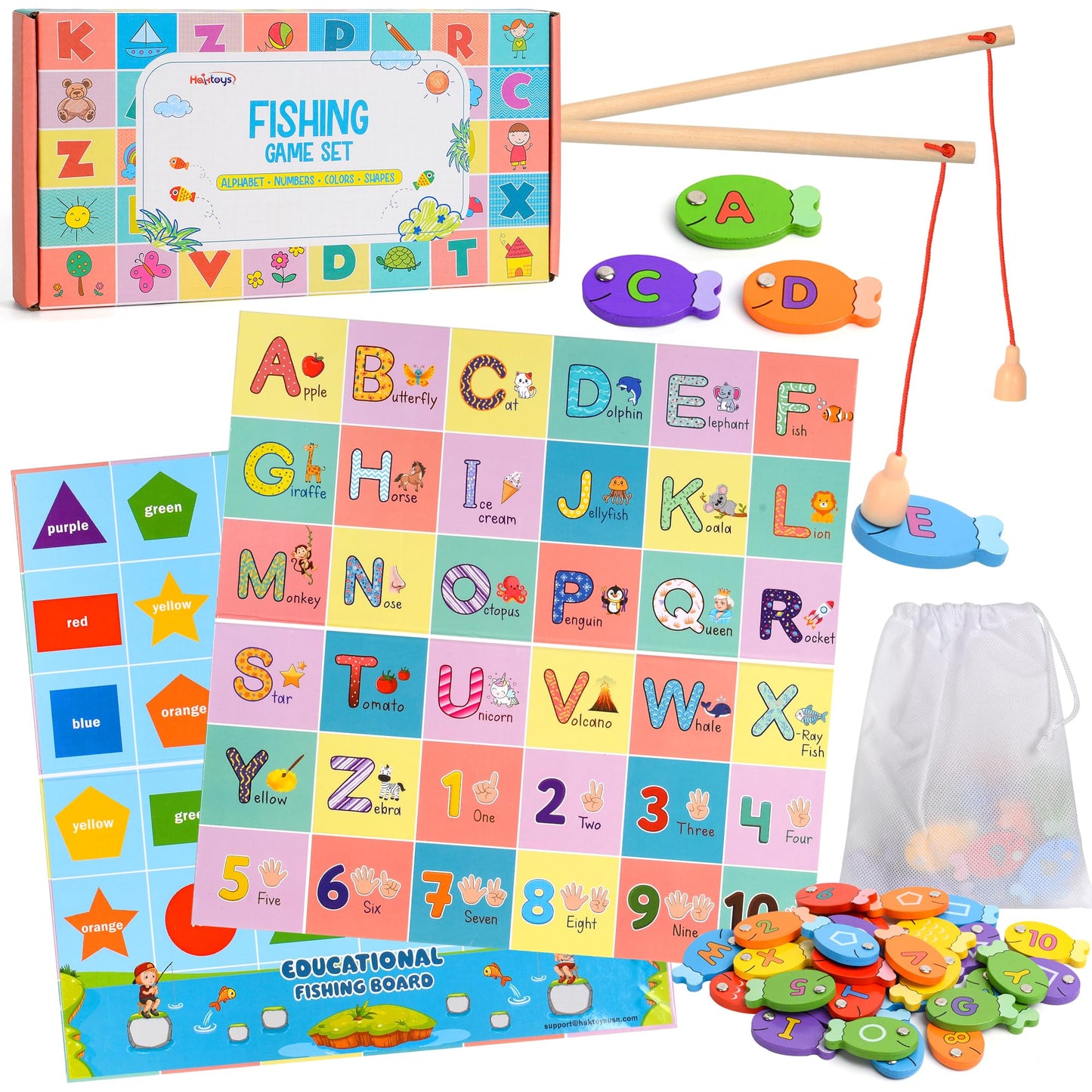 Haktoys - Juego de pesca de madera del alfabeto, letras ABC, números, formas, colores