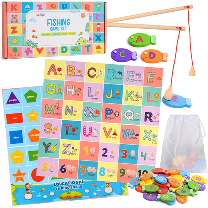 Haktoys - Juego de pesca de madera del alfabeto, letras ABC, números, formas, colores