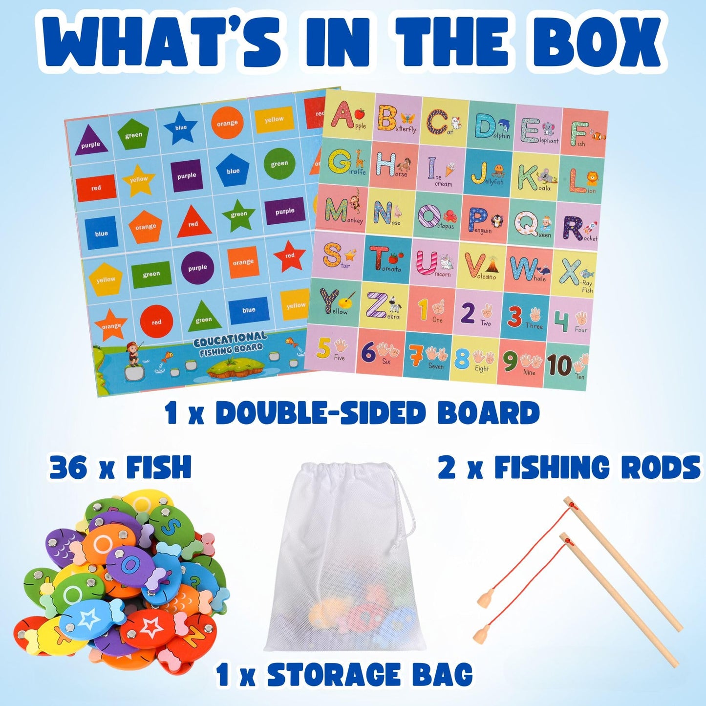 Haktoys - Juego de pesca de madera del alfabeto, letras ABC, números, formas, colores