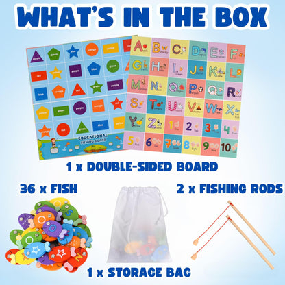 Haktoys - Juego de pesca de madera del alfabeto, letras ABC, números, formas, colores