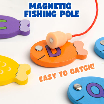Haktoys - Juego de pesca de madera del alfabeto, letras ABC, números, formas, colores