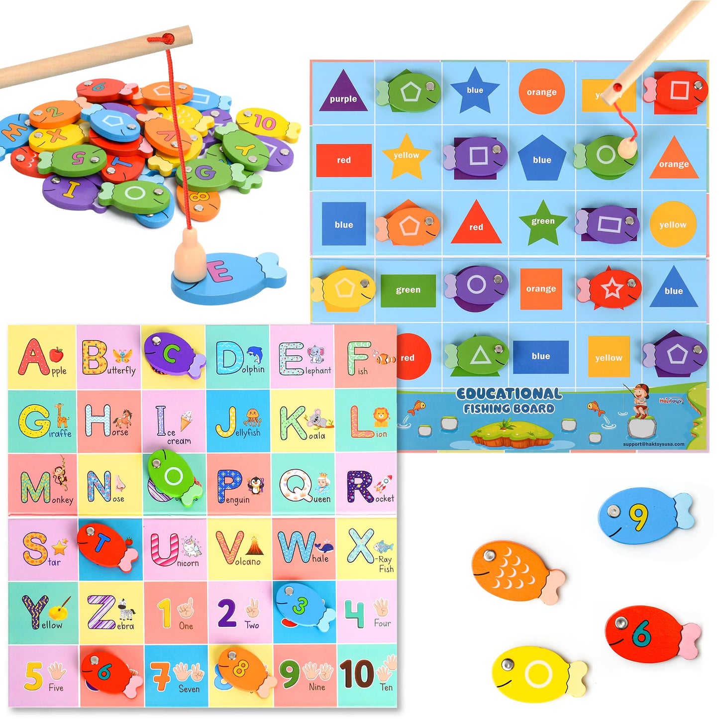 Haktoys - Juego de pesca de madera del alfabeto, letras ABC, números, formas, colores
