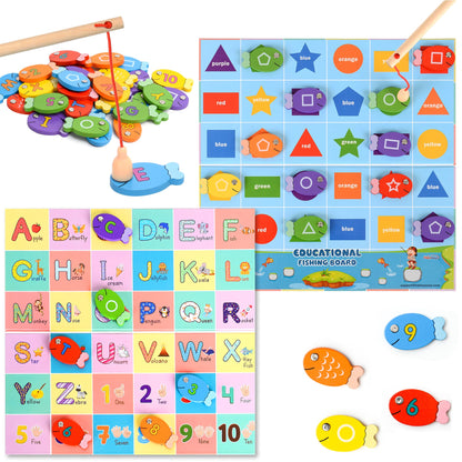 Haktoys - Juego de pesca de madera del alfabeto, letras ABC, números, formas, colores