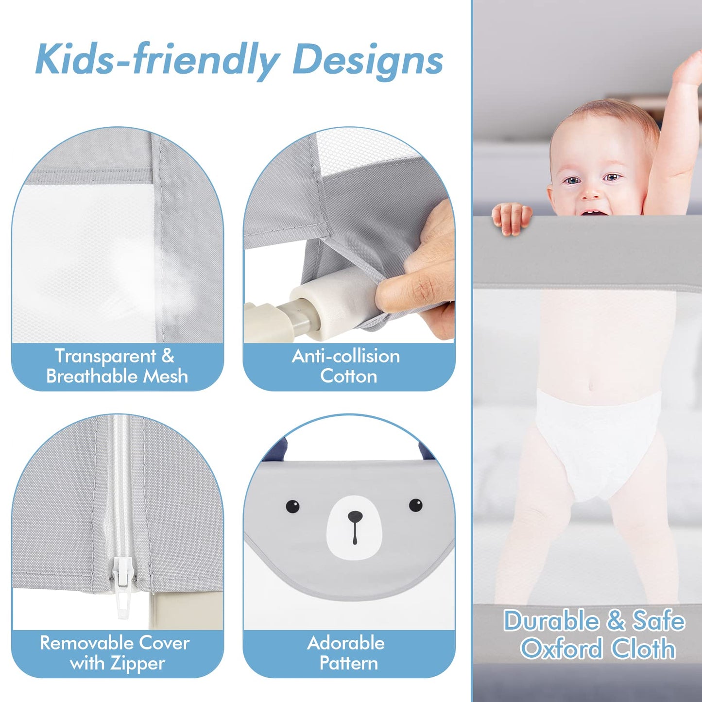 Riel para cama con malla transpirable y bloqueo de doble seguridad para niños, 1.8 metros