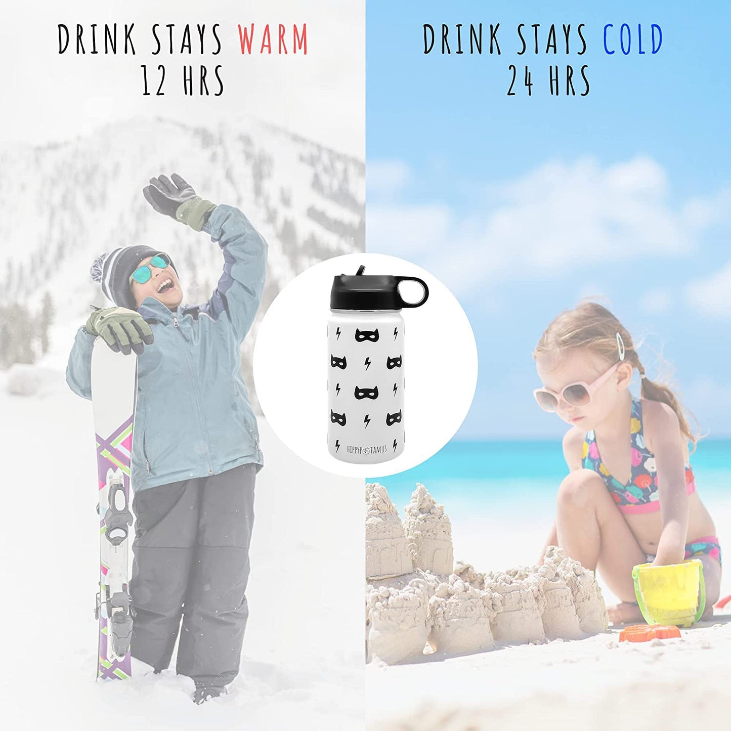 Hippypotamus Botella de agua para niños, termo de acero inoxidable con aislamiento