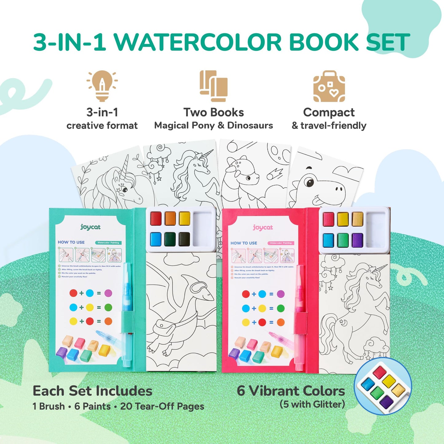 JoyCat Paquete de 2 libros de pintura de bolsillo con agua para colorear