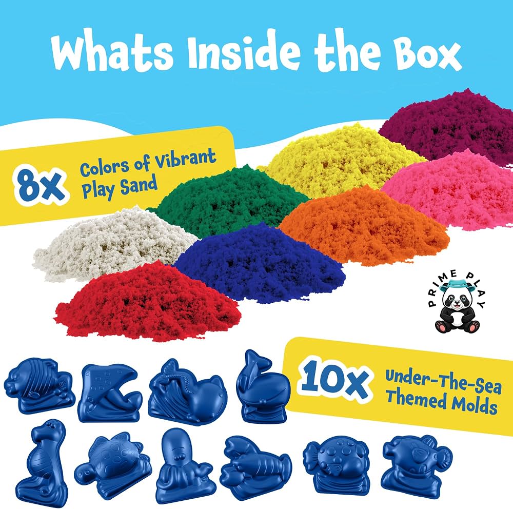 Arena mágica para niños: kit de juego sensorial con 8 colores e incluye 10 moldes con temática submarina