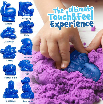Arena mágica para niños: kit de juego sensorial con 8 colores e incluye 10 moldes con temática submarina