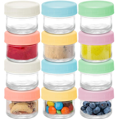 Paquete de 12 recipientes de aderezo de ensalada (6 colores), recipientes pequeños de vidrio de 1.7 onzas con tapas