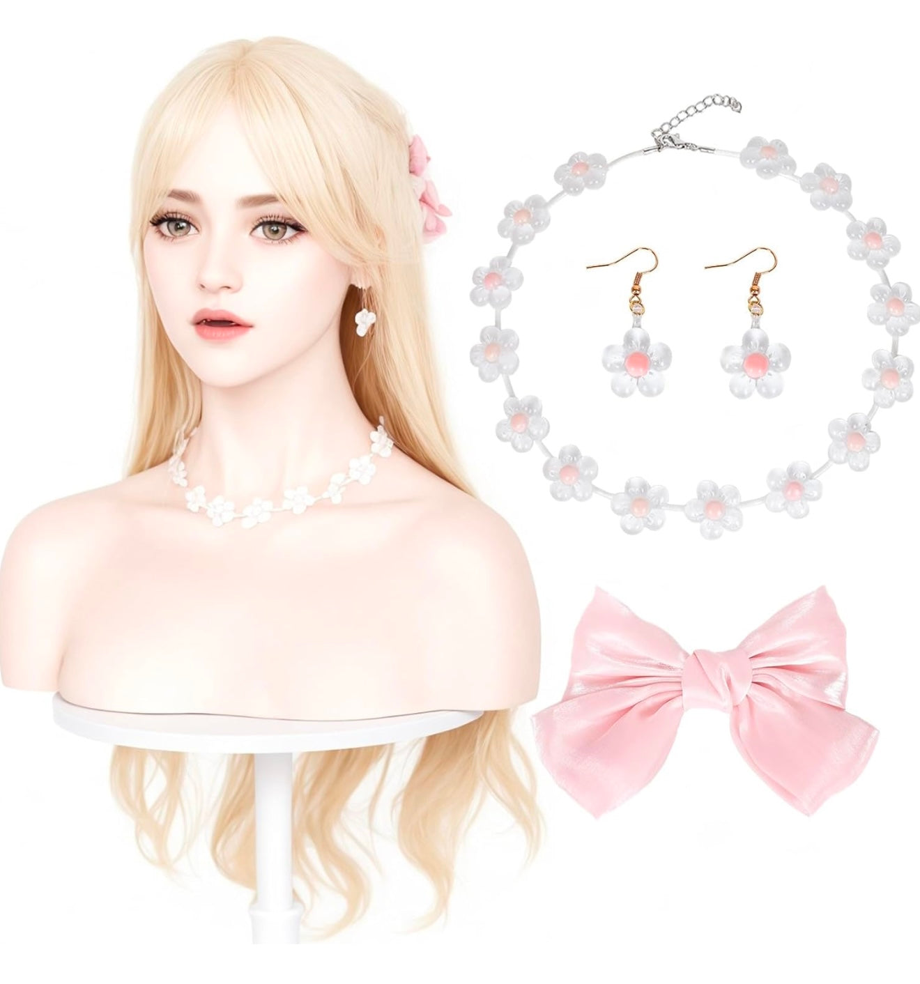 Pinza para el pelo con lazo rosa grande, collar de flores y pendientes (Sin peluca)