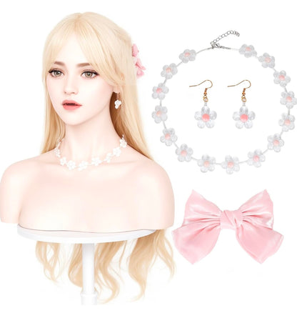 Pinza para el pelo con lazo rosa grande, collar de flores y pendientes (Sin peluca)