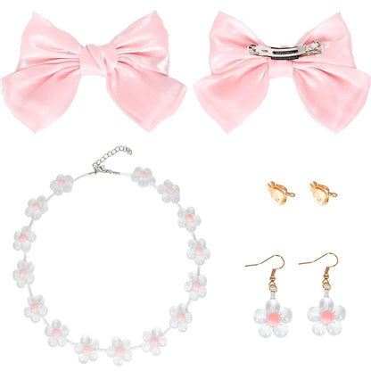 Pinza para el pelo con lazo rosa grande, collar de flores y pendientes (Sin peluca)