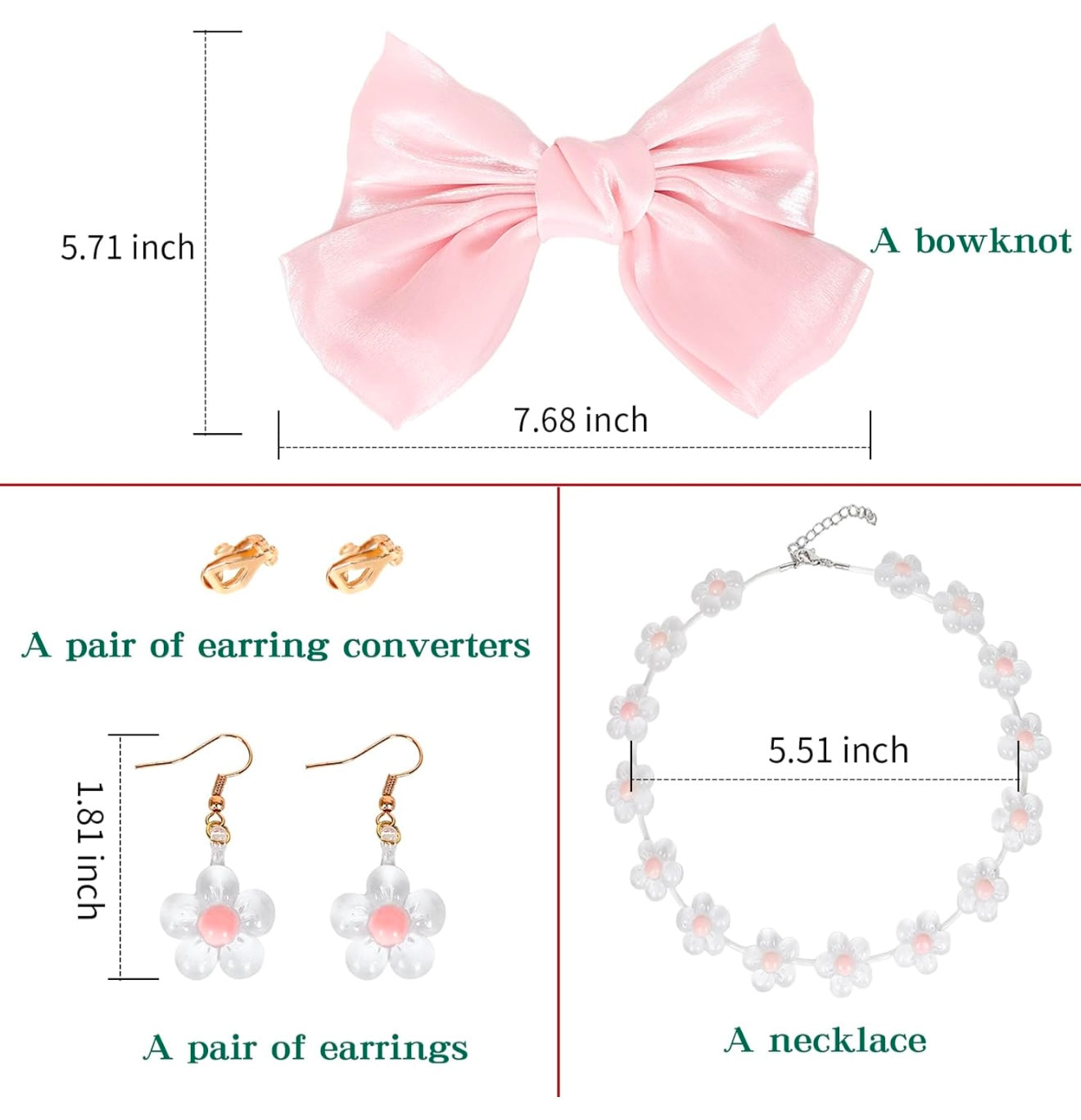 Pinza para el pelo con lazo rosa grande, collar de flores y pendientes (Sin peluca)
