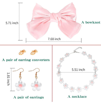 Pinza para el pelo con lazo rosa grande, collar de flores y pendientes (Sin peluca)