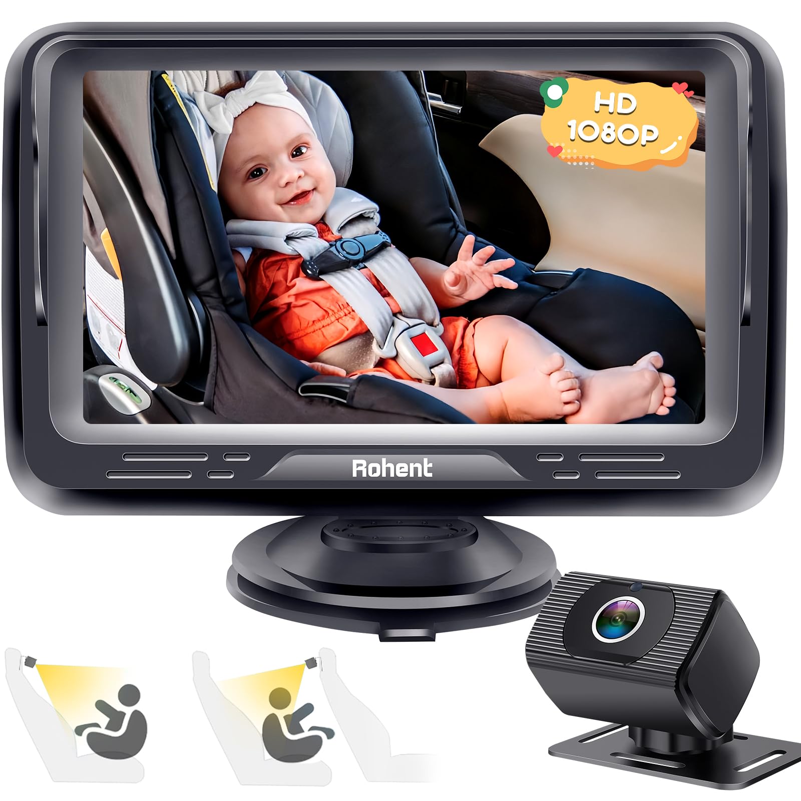 Rohent Cámara de coche para bebé HD 1080P - Monitor infantil orientado hacia atrás con visión nocturna