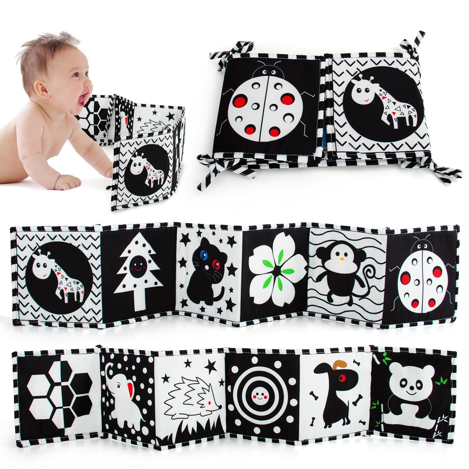 Cawgug Libro suave de alto contraste en blanco y negro para bebés de 0 a 12 meses