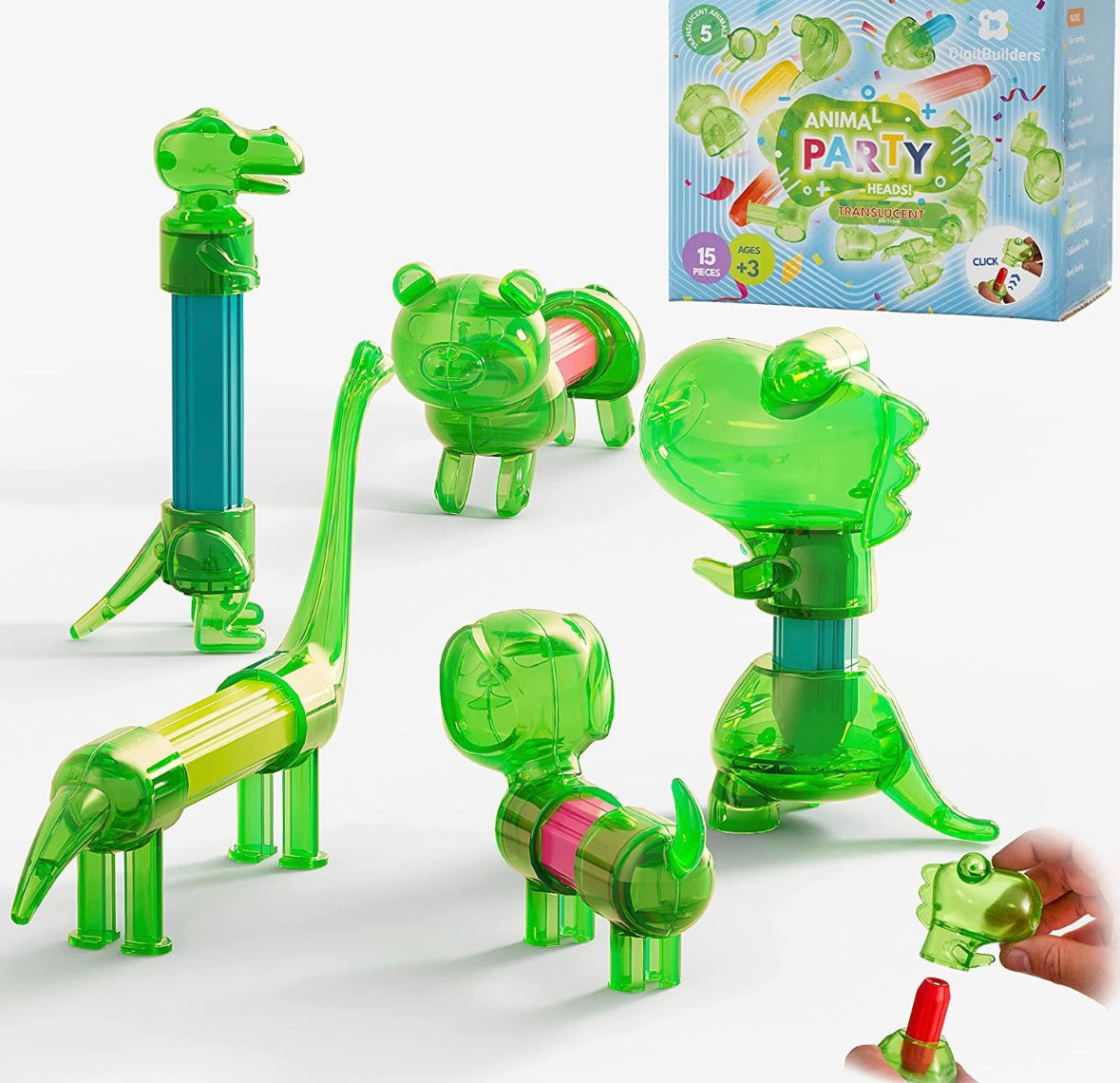 Animales magnéticos transparentes verdes inteligentes para construcción, mezcla y combina la selva, juguete de tallo para ansiedad, 15 piezas