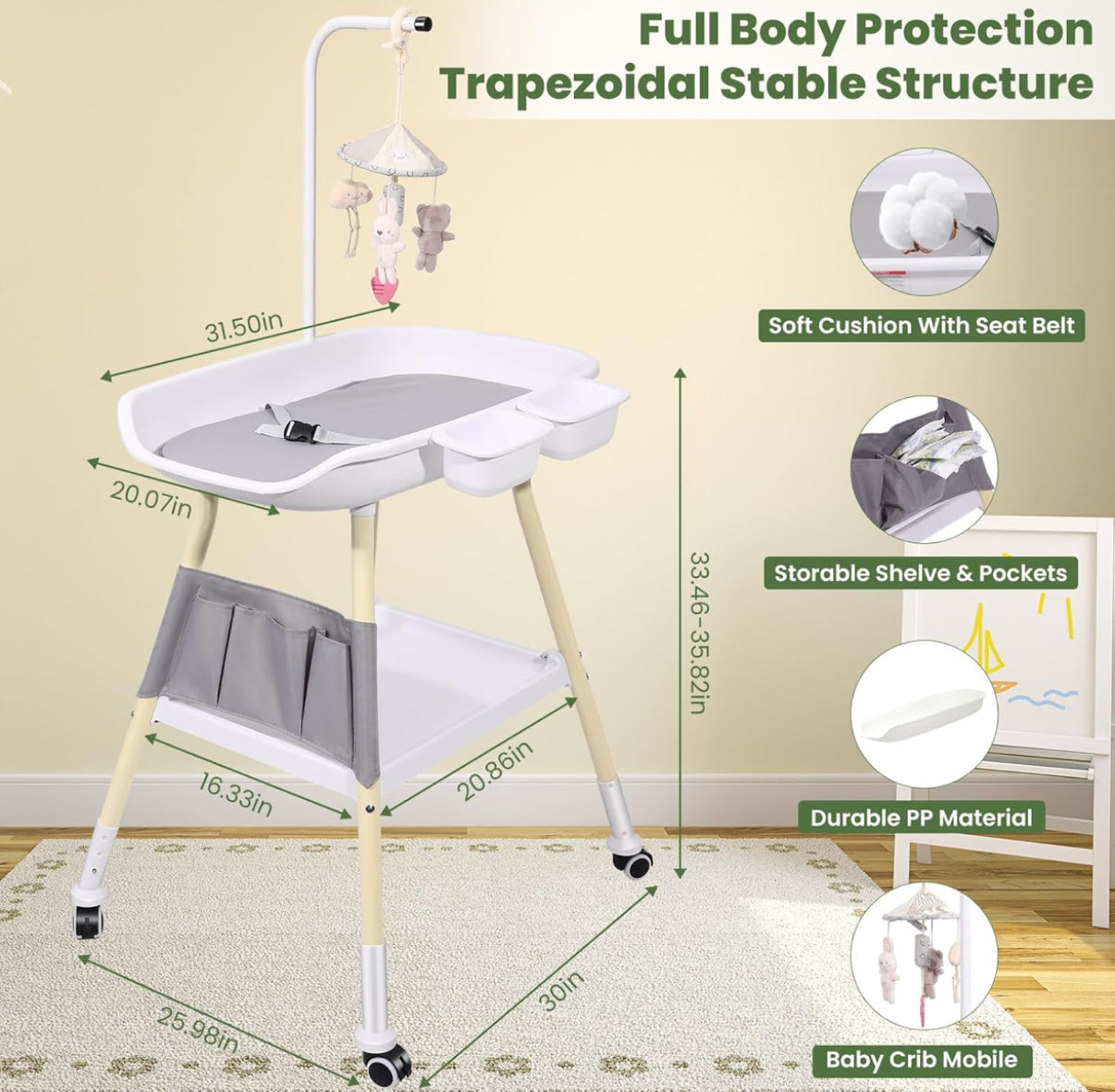 Cambiador de bebé, estación de cambio de pañales de altura ajustable