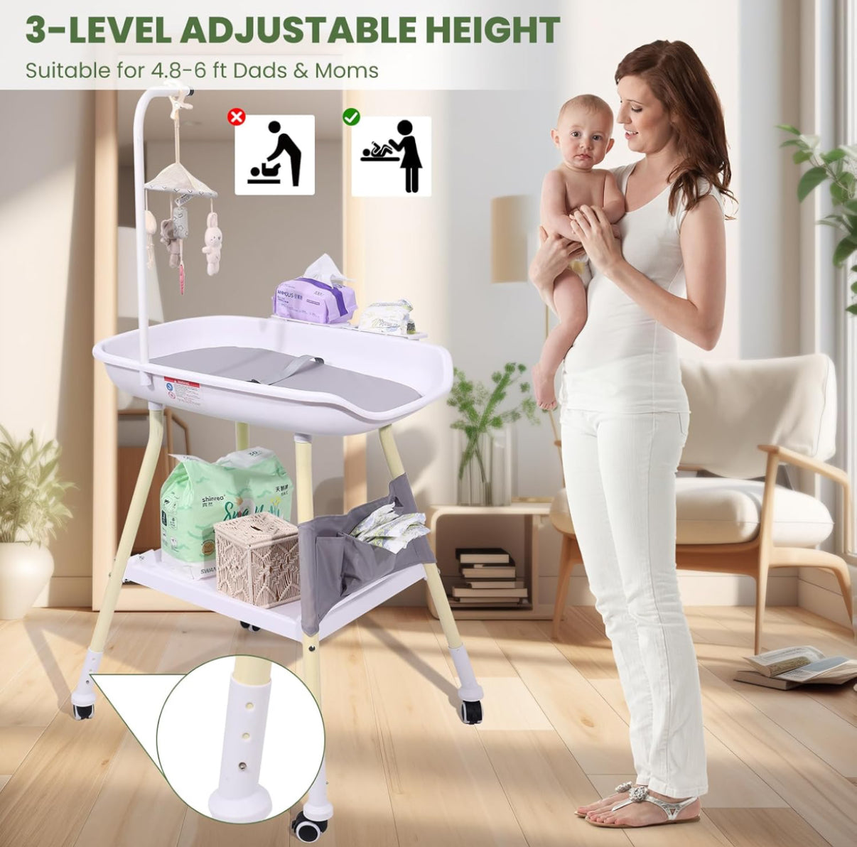 Cambiador de bebé, estación de cambio de pañales de altura ajustable