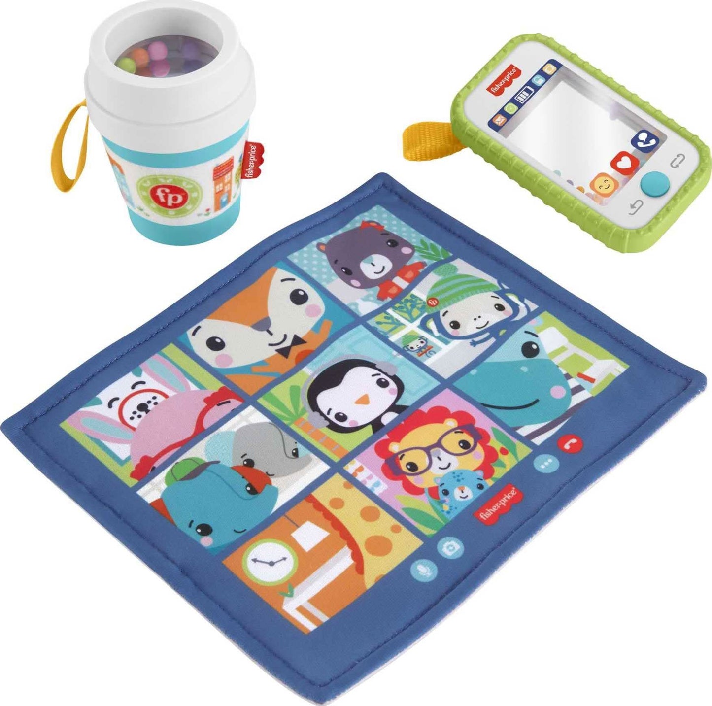 Fisher-Price Juego de regalo para trabajar desde casa, 3 juguetes para llevar y mordedor