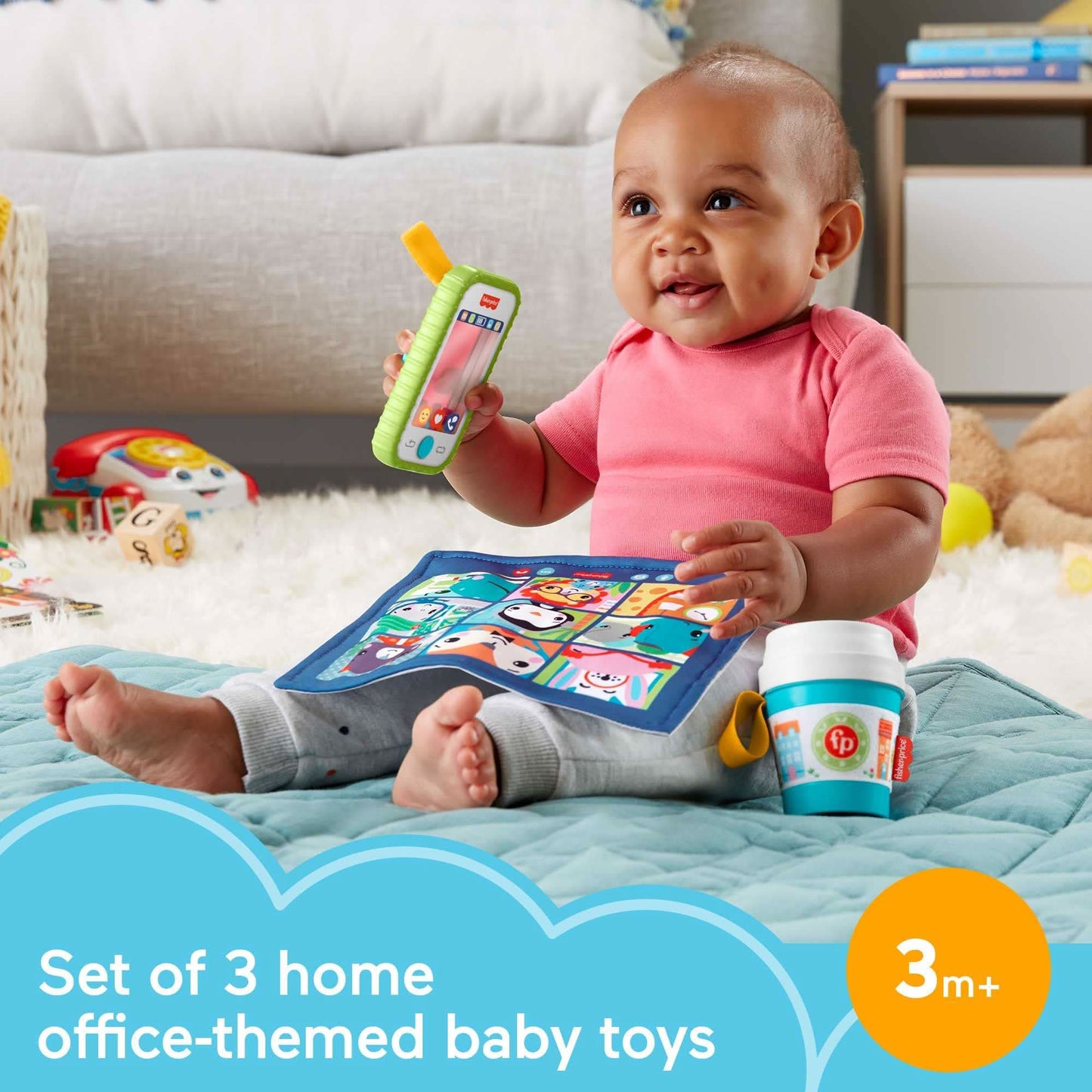Fisher-Price Juego de regalo para trabajar desde casa, 3 juguetes para llevar y mordedor
