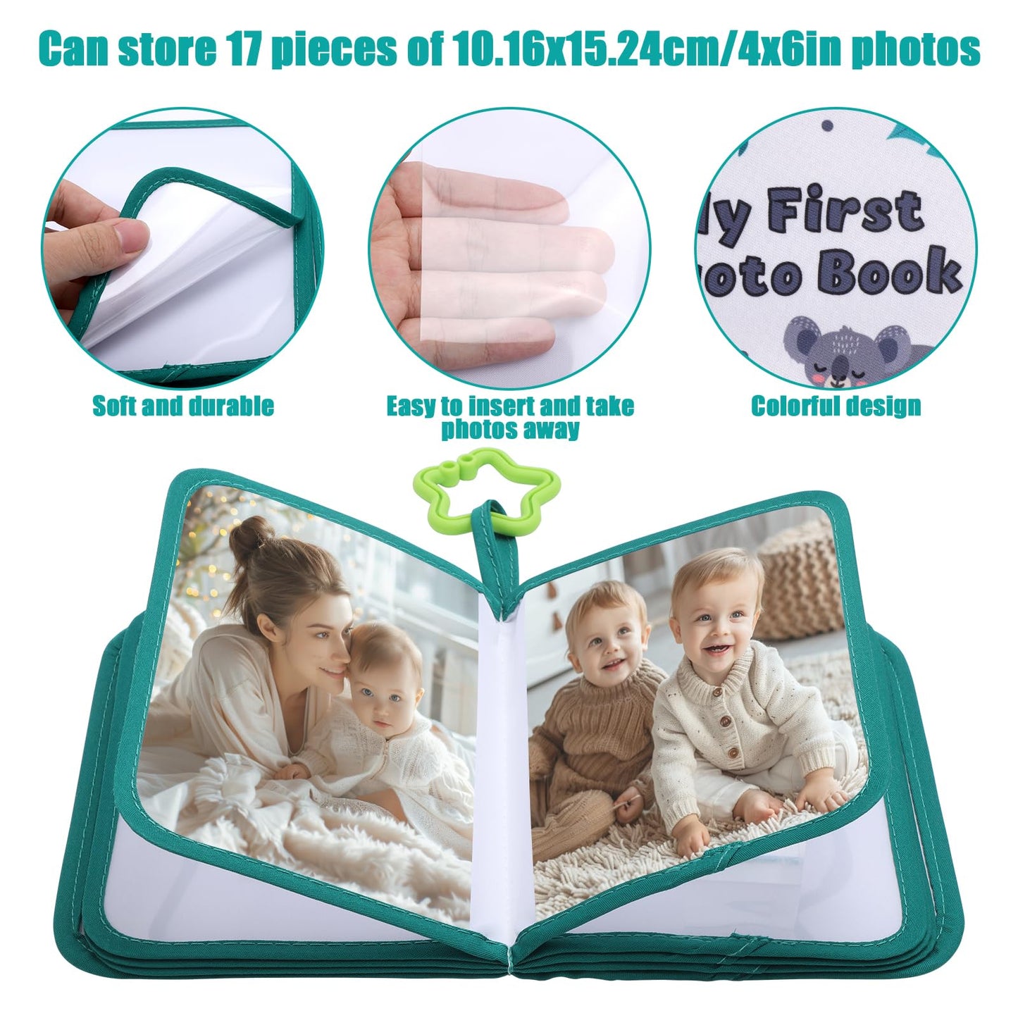 Álbum de fotos de poliéster suave para bebés, con capacidad para 17 fotos de 4 x 6 pulgadas