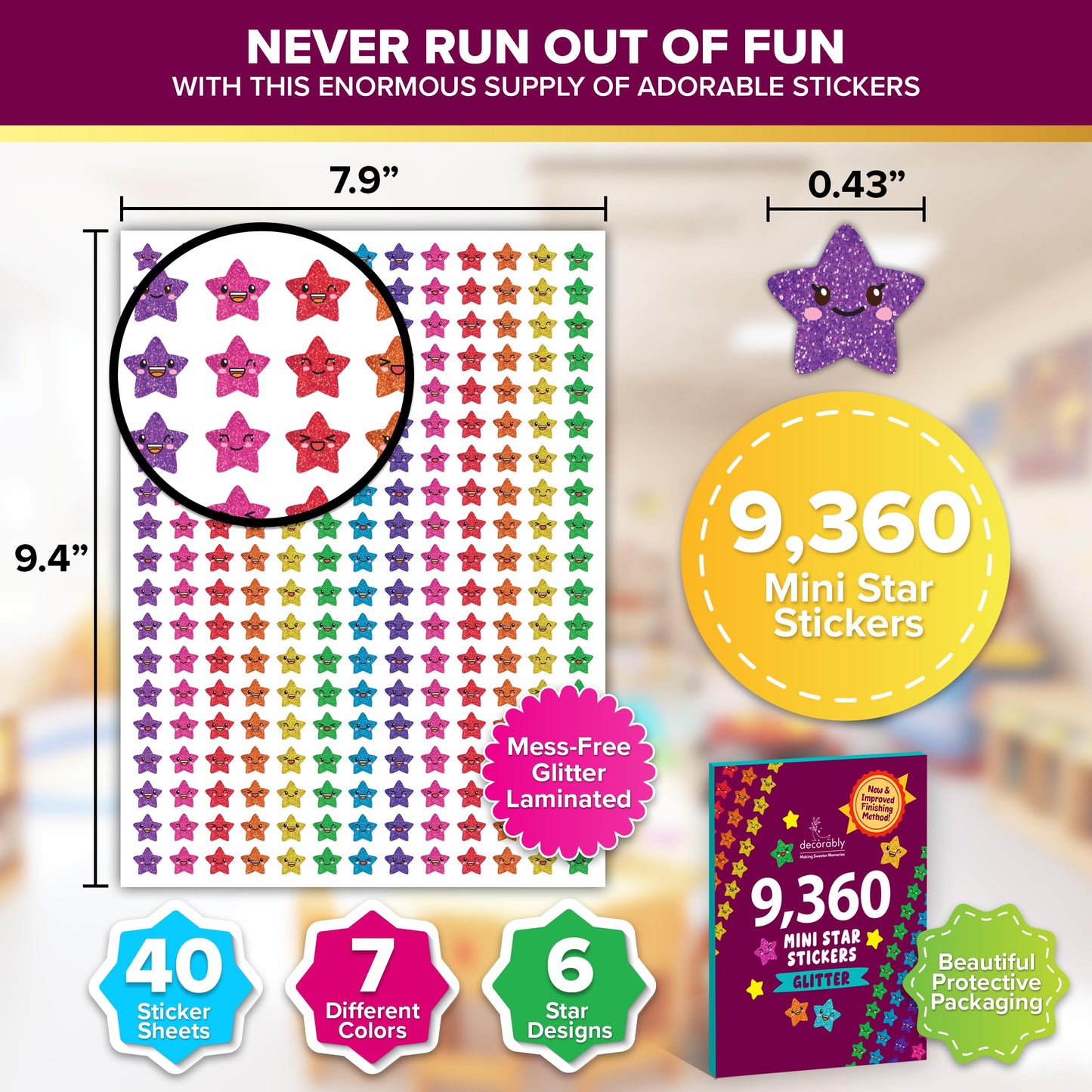 Decorably 9,360 calcomanías vibrantes de estrellas pequeñas para recompensas infantiles