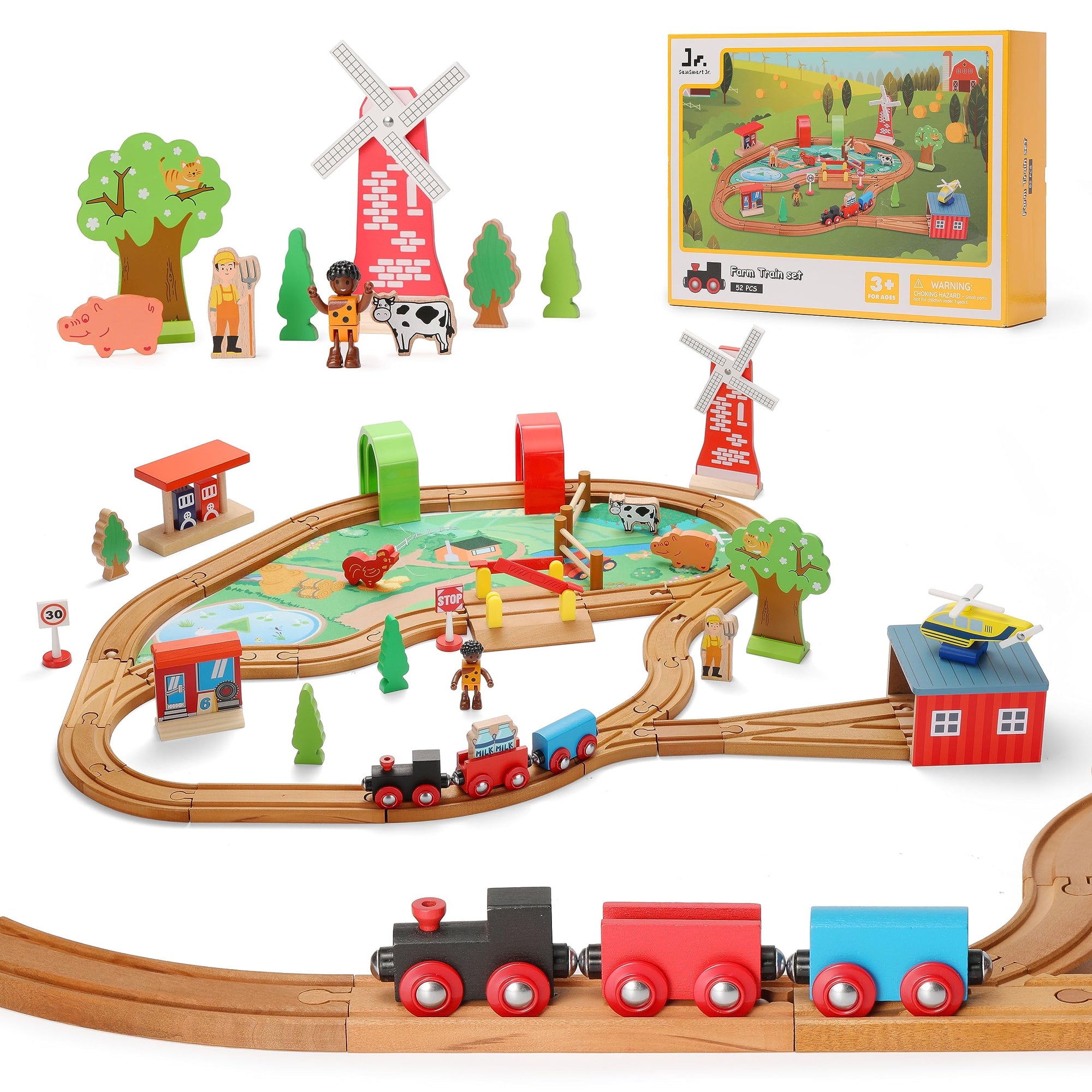 SainSmart Jr. Juego de tren de madera para niños pequeños, 52 piezas