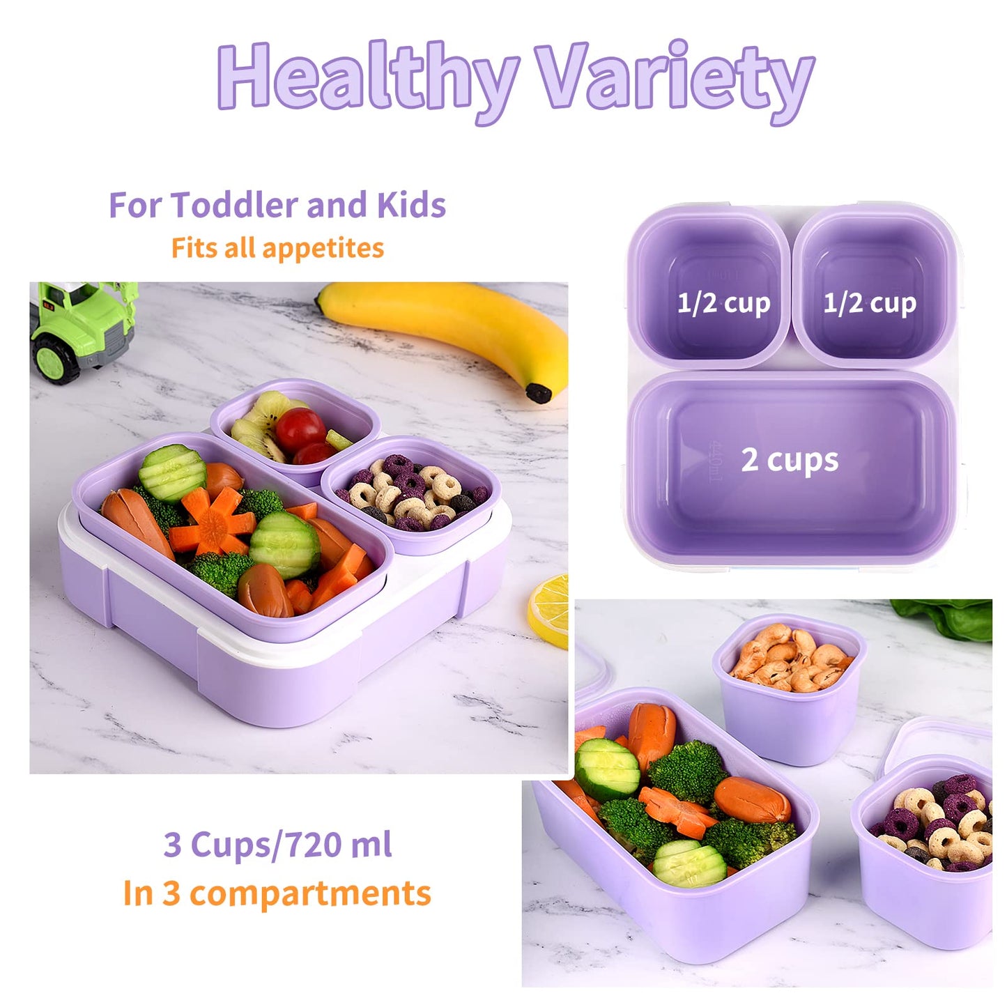 Genteen Lonchera Bento para niños, lonchera para niños con 3 compartimentos extraíbles