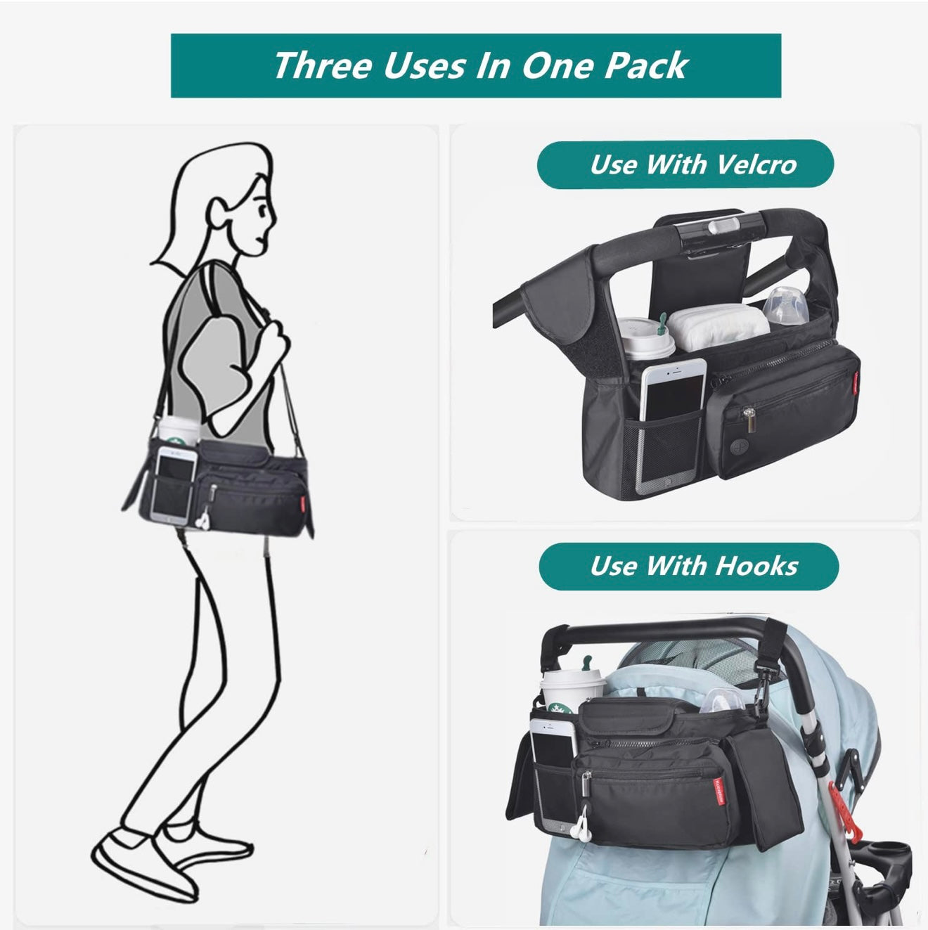 Organizador universal para cochecito de bebé con portavasos