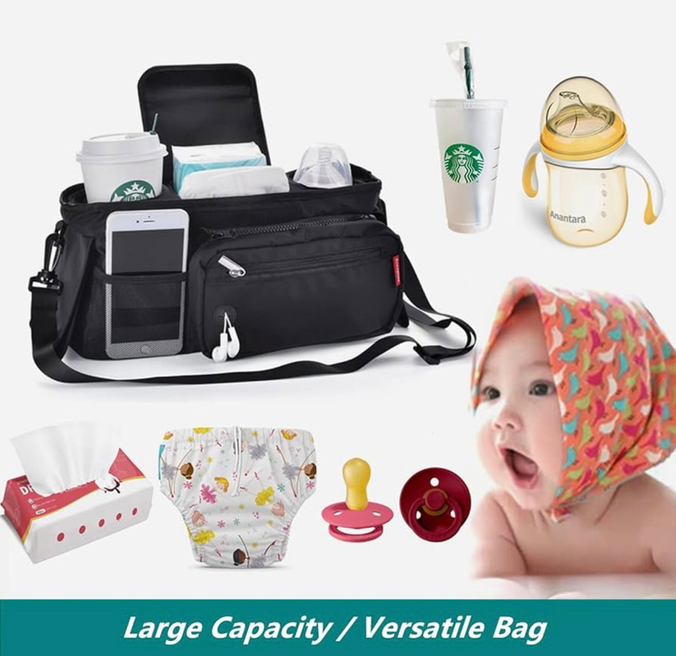 Organizador universal para cochecito de bebé con portavasos