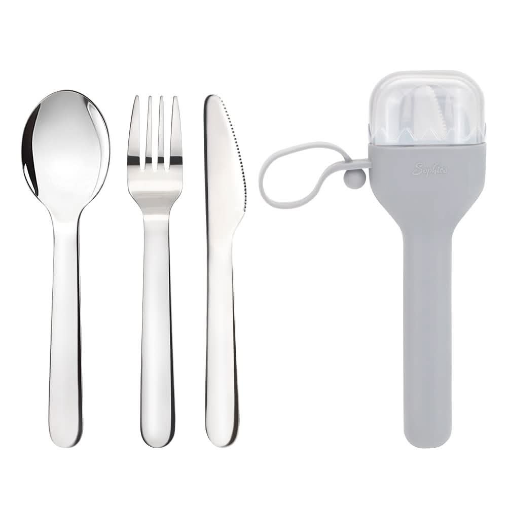 Juego de utensilios tenedor y cuchara de acero inoxidable, cubiertos con estuche de silicona