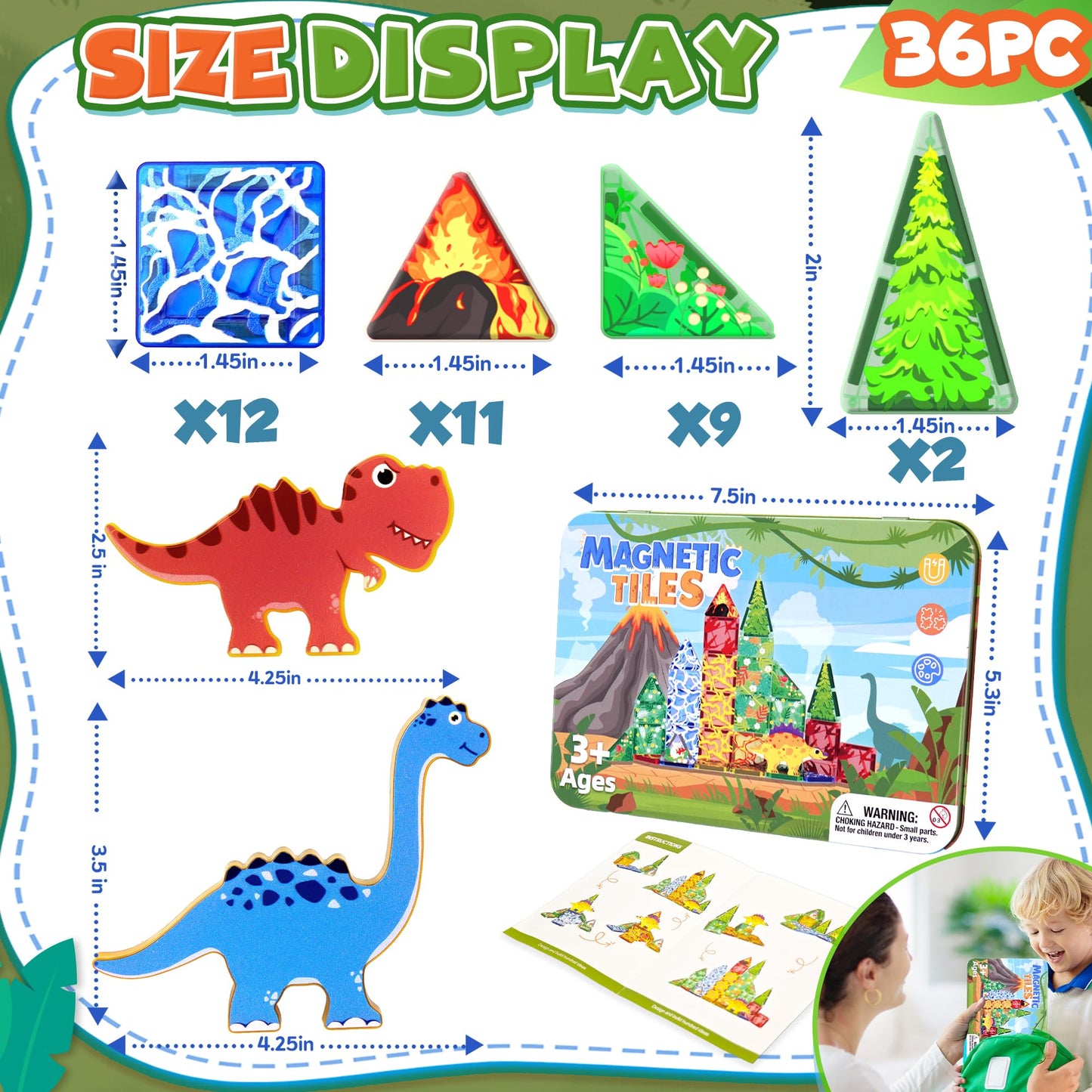 36 piezas de mini azulejos magnéticos de dinosaurio para viajes en avión para niños