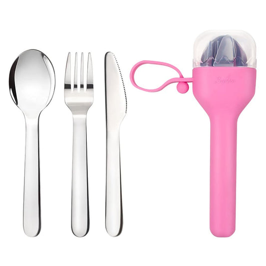 Juego de utensilios tenedor y cuchara de acero inoxidable, cubiertos con estuche de silicona