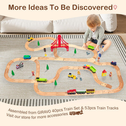 Juego de 53 vías de tren de madera, paquete de expansión de accesorios de tren de madera