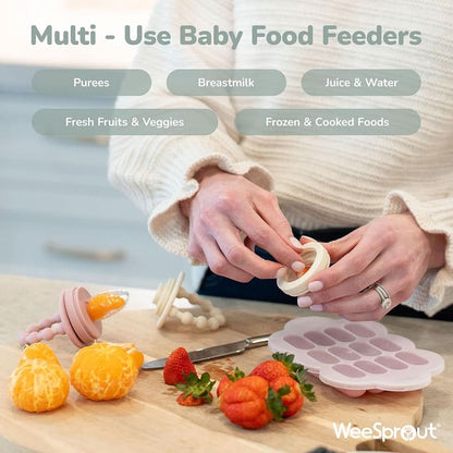 Set de alimentador para bebé WeeSprout - 2 alimentadores de silicona y bandeja reutilizable para congelador con tapa
