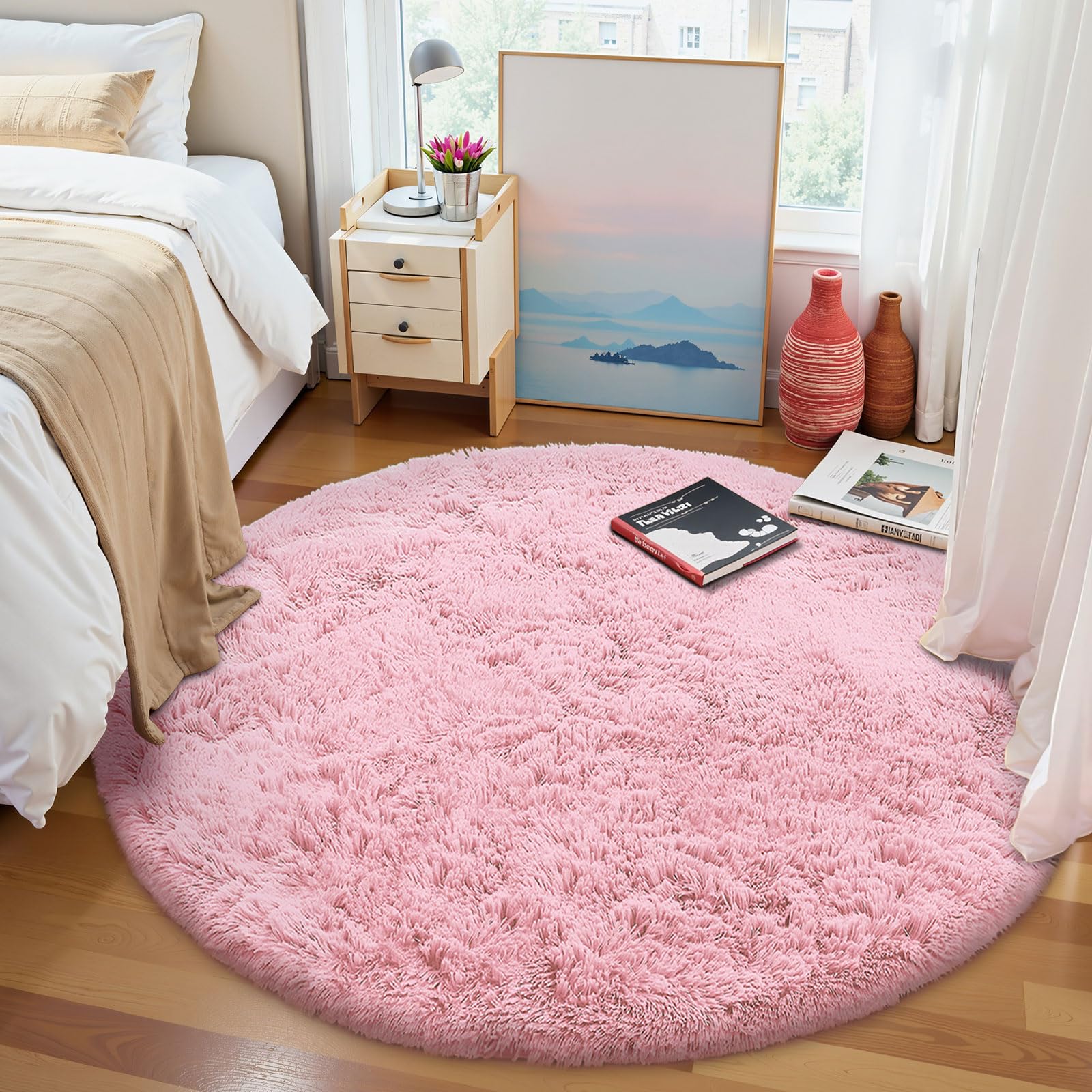 OLANLY Alfombras redondas rosas para dormitorio, lavables a máquina