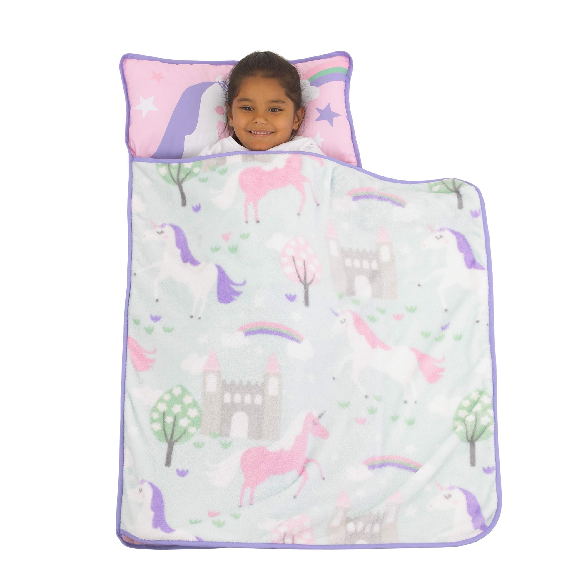 Tapete para la siesta para niños pequeños con almohada y manta de unicornio rosa